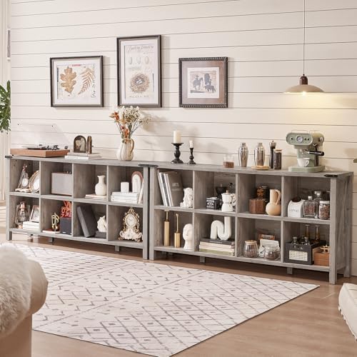 Joaxswe 8 Cube Book Shelf, Farmhouse Wood Long Storage Organizer Bookcase, 62" Horizontal Grey Oak Console Closet Bookshelf, Hallway TV Stand for Entryway, Display Cabinet Book Case for Living Room
