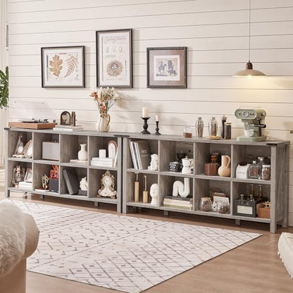 Joaxswe 8 Cube Book Shelf, Farmhouse Wood Long Storage Organizer Bookcase, 62" Horizontal Grey Oak Console Closet Bookshelf, Hallway TV Stand for Entryway, Display Cabinet Book Case for Living Room