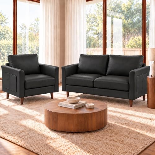 Faux Leather 3 Seater and Armchair with Side Pocket,Black