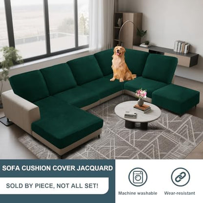 UNBBRRL Seat Cushion Cover and Back Covers for Corner Sofa Stretch Jacquard, Non Slip L Shaped Sofa Slipcover with Storage Ottoman, Sectional Couch Cover for Chaise Lounge (Dark Green,16 x 45 x 6”)