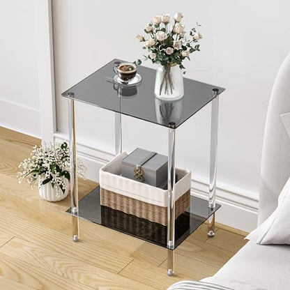 Tempered Glass Side Table, 2-Tier Acrylic End Table