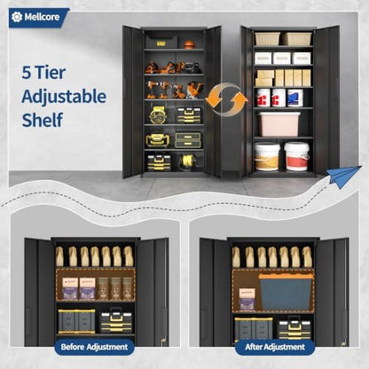 Metal Storage Cabinet with Lock,71” Garage Storage Cabinets with 2 Doors and 5 Adjustable Shelves,Steel Tool Cabinets Locking Metal Cabinet for Home,Office,Warehous,Industria(Black)