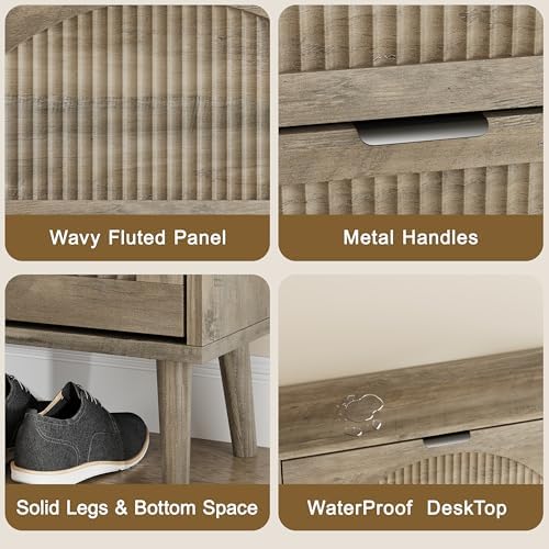 Fluted Grey Shoe Cabinet with 2 Flip Drawers, Narrow Wood Shoe Storage Cabinet, Slim Shoe Rack for Entryway, Freestanding Shoe Cabinet for Living Room, Hallway