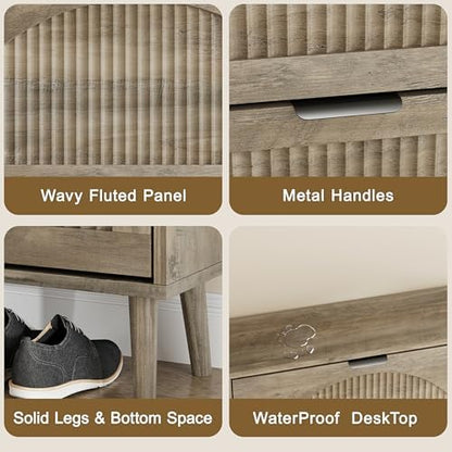 Fluted Grey Shoe Cabinet with 2 Flip Drawers, Narrow Wood Shoe Storage Cabinet, Slim Shoe Rack for Entryway, Freestanding Shoe Cabinet for Living Room, Hallway