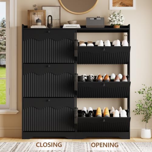 BORNOON Large Shoe Storage Cabinet with 6 Flip Drawers and Modern Wave-Edge Fluted Panels, High-Capacity Slim Shoe Rack for Entryway, Freestanding Organizer with Adjustable Shelves and Anti-Tip Kit