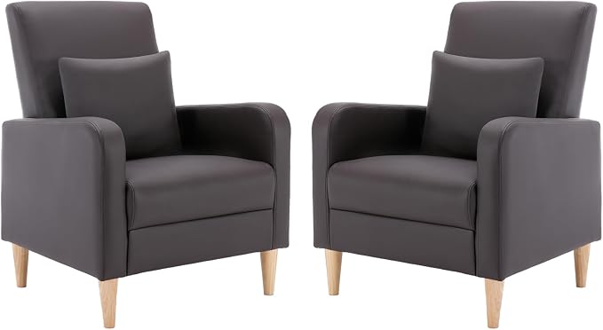 COLAMY Mid-Century Modern Accent Chairs Set of 2, Faux Leather Upholstered Living Room Chairs with Back Pillow & Solid Wood Legs, Comfy Armchair for Living Room, Bedroom, Single Sofa, Dark Brown