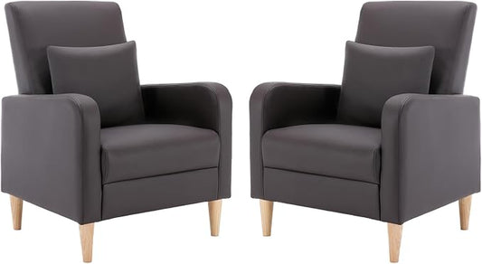 COLAMY Mid-Century Modern Accent Chairs Set of 2, Faux Leather Upholstered Living Room Chairs with Back Pillow & Solid Wood Legs, Comfy Armchair for Living Room, Bedroom, Single Sofa, Dark Brown