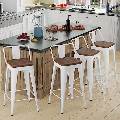 Bar Stools Set of 4 Metal Bar Stool Counter Height Bar Stools White, Modern Bar Chairs with Back and Wooden Seat 30" Bar Stool Counter Height