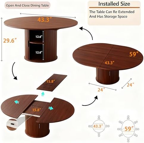 Extendable Round/Oval Dining Table Seats 2-4-6, 59" Modern Farmhouse Design with 2-Tier Storage & Fluted Slide Door, Dining Room Kitchen Furniture (Walnut, 59 inches)