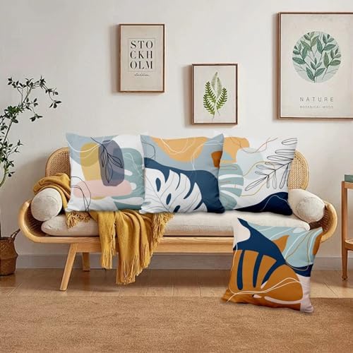 Abstract Palm Leaves Pillow Covers 22''x22'' Set of 4, Modern Geometric Line Pattern Cushion Covers Decorative Tropical Print Pillow Cases for Couch Sofa Bedroom Farmhouse Garden Patio