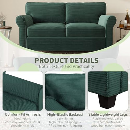 57" Loveseat Sofa, Mid Century Modern Corduroy Couch with Thick Cushion, 2 Seater Small Sofa for Living Room Bedroom Apartment Office, Dark Green