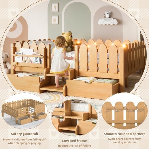Bellemave Full Size Platform Bed with Storage Drawers & Bookshelf for Boys Girls, Kids Full Bed Frame with LED Lights & Stairs for Children's Room, Natural