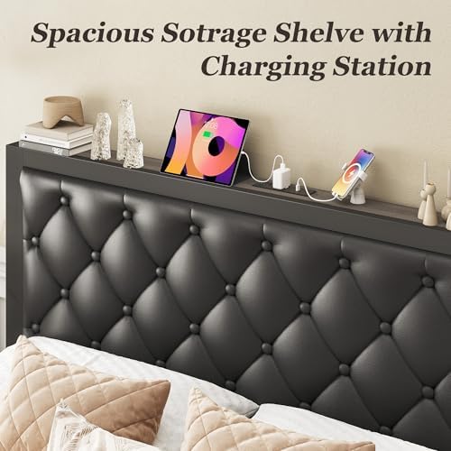 Queen Bed Frame with 2 Storage Drawers, Upholstered Headboard Button Tufted Bed Frame with Charging Station, No Box Spring Needed, Noise-Free, All Metal Structure, Black