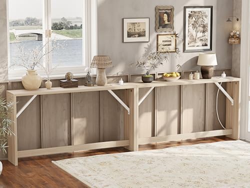 TIQLAB 9.1 Inch Narrow Console Table with Power Outlet,Sofa Table Set of 2，Total Length 94'' Sofa Table Behind Couch，for Entryway&Living Room, Light Walnut