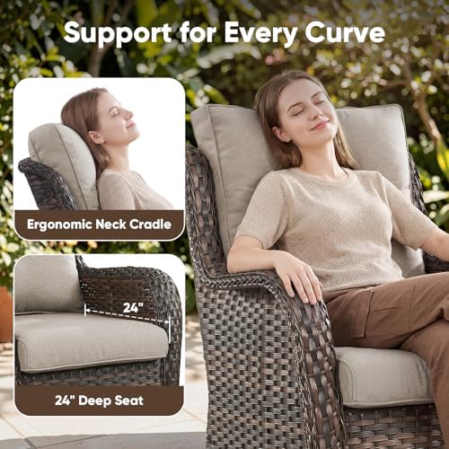 Belord 4 Piece Patio Wicker Furniture Set, Outdoor Swivel Rocker Chairs, All Weather Outdoor Patio Couch with Fire Pit Table for Deck Porch, Brown Wicker/Beige