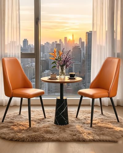Orange Leather High Back Dining Chairs Set of 2