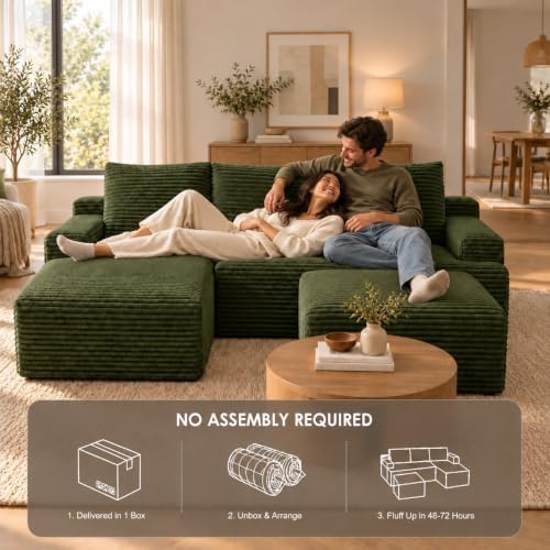 96" Sectional Couches for Living Room Cloud Couch Sofa with L-Shape Upholstered Boneless Couchs Modern Modular Sectional Couch with Chaise (Green, 96.1" U Shape with Left Facing Chaise)