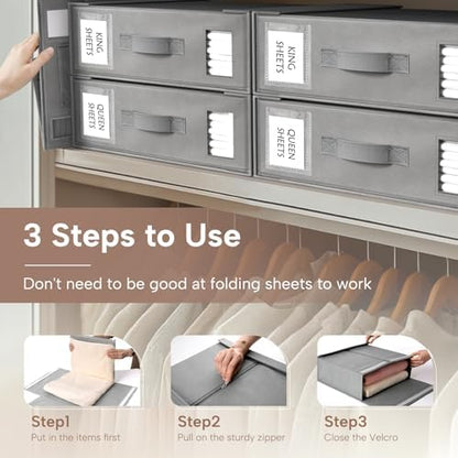 Bed Sheet Organizers and Storage, 8 Pack Foldable Linen Closet Organizer Box – Bedding Holder for Sheet Set (King/Queen Sizes), Duvet Covers, Blankets (Grey)