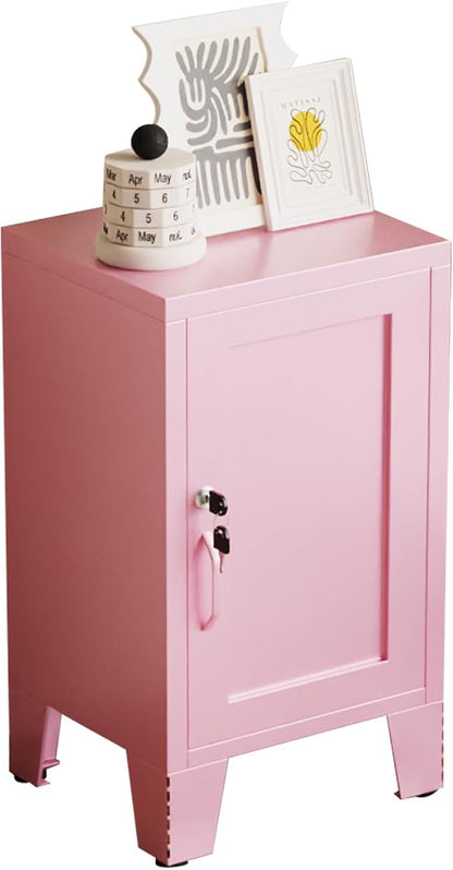 ALBAD Metal Nightstand with Lockable Cabinet, Compact Mini Locker Bedside Table for Kids & Adults, Modern Steel Side Table for Bedroom, Dorm, or Living Room (Pink)