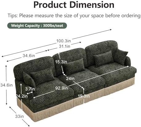100.3" 3 Seat Modular Sofa Couch, Chenille Leopard Print Upholstered Sofa with Tassel Trim, Deep Seat Sectional Couch for Studio Seating Area