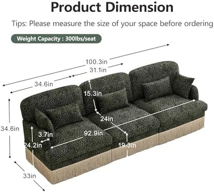 100.3" 3 Seat Modular Sofa Couch, Chenille Leopard Print Upholstered Sofa with Tassel Trim, Deep Seat Sectional Couch for Studio Seating Area