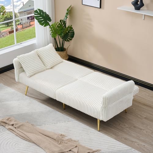 79" Corduroy Convertible Sofa Bed with Folding Armrests, White