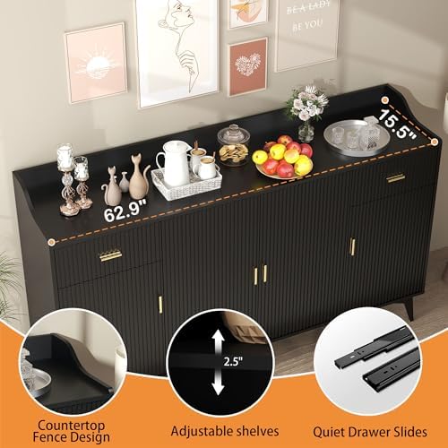Black Sideboard Buffet Cabinet with Storage, 63" Fluted Sideboard