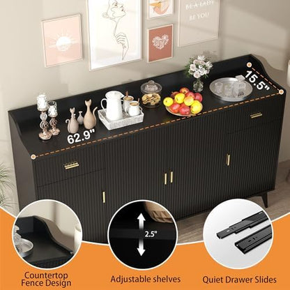 Black Sideboard Buffet Cabinet with Storage, 63" Fluted Sideboard