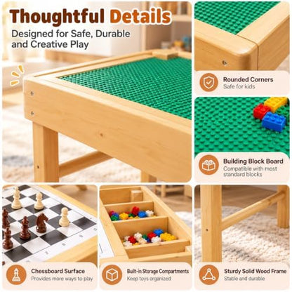 3-in-1 Solid Wood Lego Table for Kids with Storage, Flip Top
