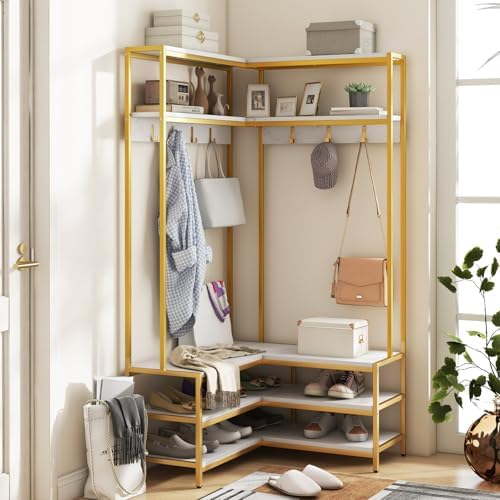 GIANTEX Corner Coat Rack, L-Shaped Hall Tree with Bench and Shoe Storage