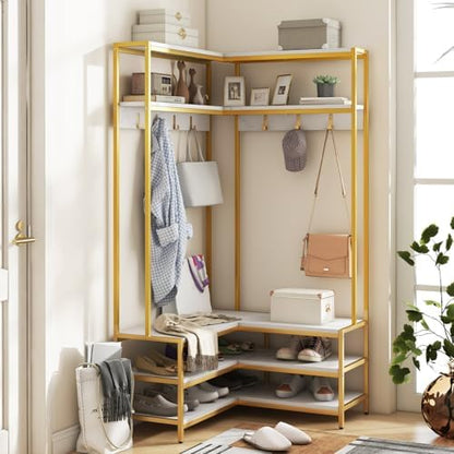 GIANTEX Corner Coat Rack, L-Shaped Hall Tree with Bench and Shoe Storage