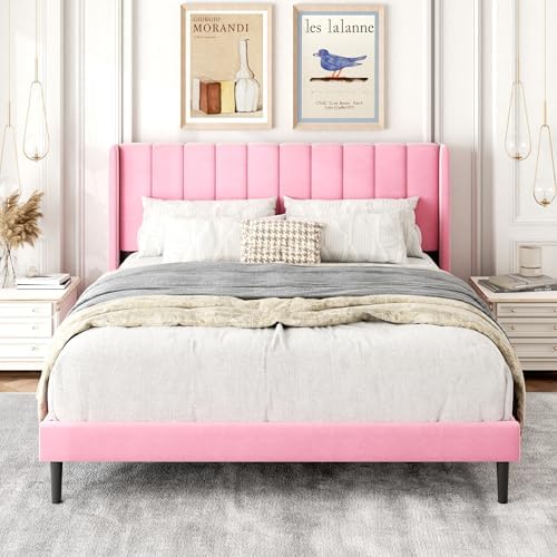 Gruwans Queen Size Bed Frame with Upholstered Wingback Headboard, Easy Assemnly Platform Bed, Wooden Slat Support No Box Spring Needed, Pink Velvet