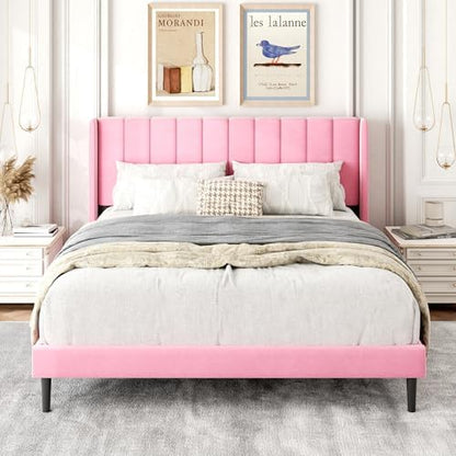 Gruwans Queen Size Bed Frame with Upholstered Wingback Headboard, Easy Assemnly Platform Bed, Wooden Slat Support No Box Spring Needed, Pink Velvet
