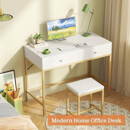 SUPERJARE 31.5" White and Gold Desk with 2 Drawers, Modern Makeup Vanity