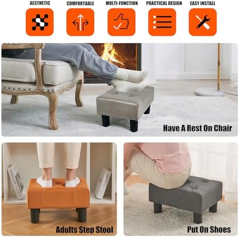 BRIAN & DANY Small Foot Stool, Leather Foot Stools with Legs, Stable Small Footstool for Living Room, Charcoal Gray