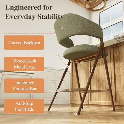 COLAMY Bar Stools Set of 2, 26" Counter Height Barstools with Backs, Modern Upholstered Bar Chairs with Metal Legs for Kitchen Island Counter, Dining Room, Green