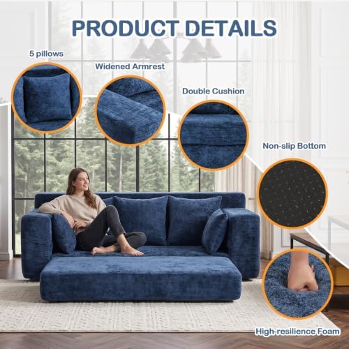 4-in-1 Boneless Sofa Bed, 70 inch Boneless Couch with Storage Pocket & 5 Pillows, Plush Velvet Couch for Living Room, Guest Room, Small Space