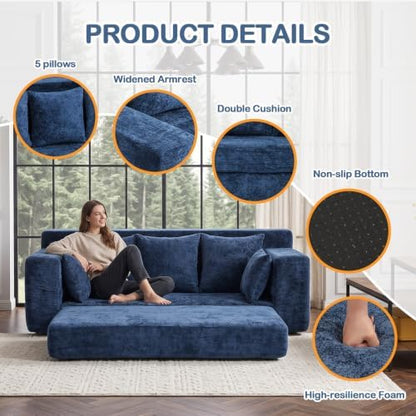 4-in-1 Boneless Sofa Bed, 70 inch Boneless Couch with Storage Pocket & 5 Pillows, Plush Velvet Couch for Living Room, Guest Room, Small Space