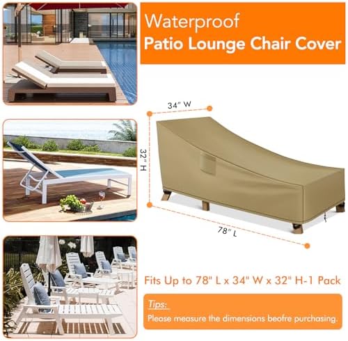 WLEAFJ Patio Chaise Lounge Cover Waterproof, Heavy Duty Outdoor Lounge Chair Covers, Durable Patio Furniture Covers, 78L x 34W x 32H inch - 2 Pack, Khaki