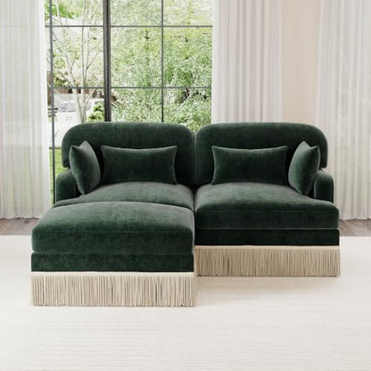 69.2" L Shaped Modular Loveseat Sofa with Ottoman, Forest Green Chenille Couch with Tassel Trim, Deep Seat Upholstered Sectional for Living Room, Apartment and Cozy Lounge Seating