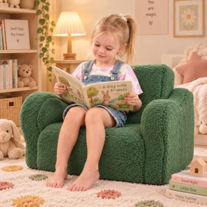 Kids Sofa Chair, 2-in-1 Foldable Couch, Sherpa, Green