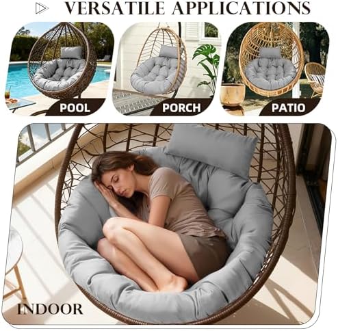 Wicker Egg Chair Cushion Outdoor with Removable Cover Wine Red Round Cushion Replacement for Egg Lounge Chair 45 * 45 Inches with Headrest Pillow for Garden Backyard Balcony