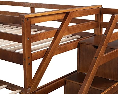 Harper & Bright Designs Twin-Over-Twin Bunk Bed with Trundle and 3-Storage Staircase,Solid Wood 3 in 1 Stairway Bunk Bed with Trundle,Walnut