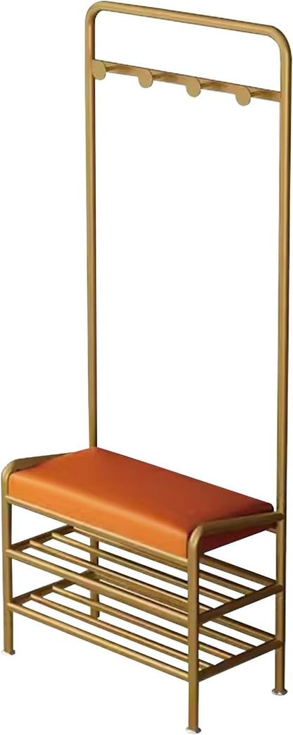Narrow Hall Tree Storage Bench for Entryway, Coat Rack Shoe Bench Metal, Freestanding Coat Tree with Storage Shelf and Hooks, Entryway Bench with Shoe Storag(Orange-60 x 29 x 173 cm