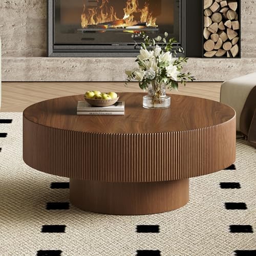 Merax Modern 31 Inch Fluted Round Coffee Table with Sturdy Base, Walnut