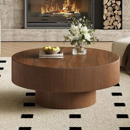 Merax Modern 31 Inch Fluted Round Coffee Table with Sturdy Base, Walnut