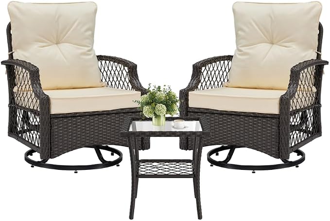 3-Piece Patio Furniture Set, Wicker Outdoor Bistro Set Swivel Glider Patio Chairs x 2 with Cushions, High Back All-Weather Rattan Outdoor Furniture for Porch, Backyard (Beige + Wicker)