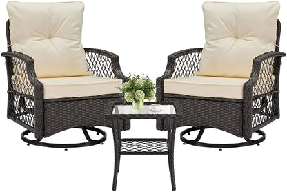 3-Piece Patio Furniture Set, Wicker Outdoor Bistro Set Swivel Glider Patio Chairs x 2 with Cushions, High Back All-Weather Rattan Outdoor Furniture for Porch, Backyard (Beige + Wicker)