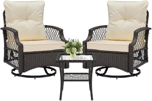 3-Piece Patio Furniture Set, Wicker Outdoor Bistro Set Swivel Glider Patio Chairs x 2 with Cushions, High Back All-Weather Rattan Outdoor Furniture for Porch, Backyard (Beige + Wicker)