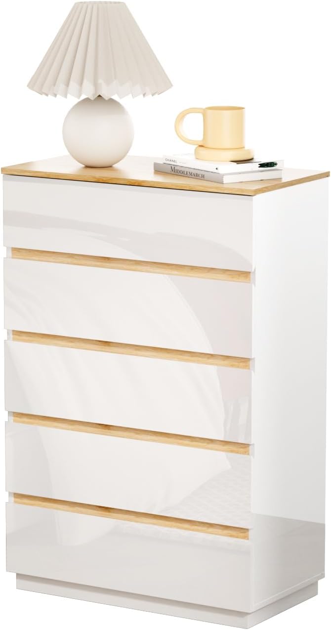 VINGLI 5 Drawer Dresser for Bedroom, 45" H Tall Dresser Chest of Drawers, High Gloss Wood Modern Storage Cabinet with Brown Top
